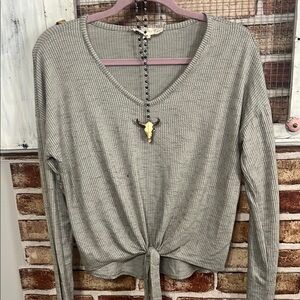 Pink Republic Gray Ribbed Tie-Front Long Sleeve Top
